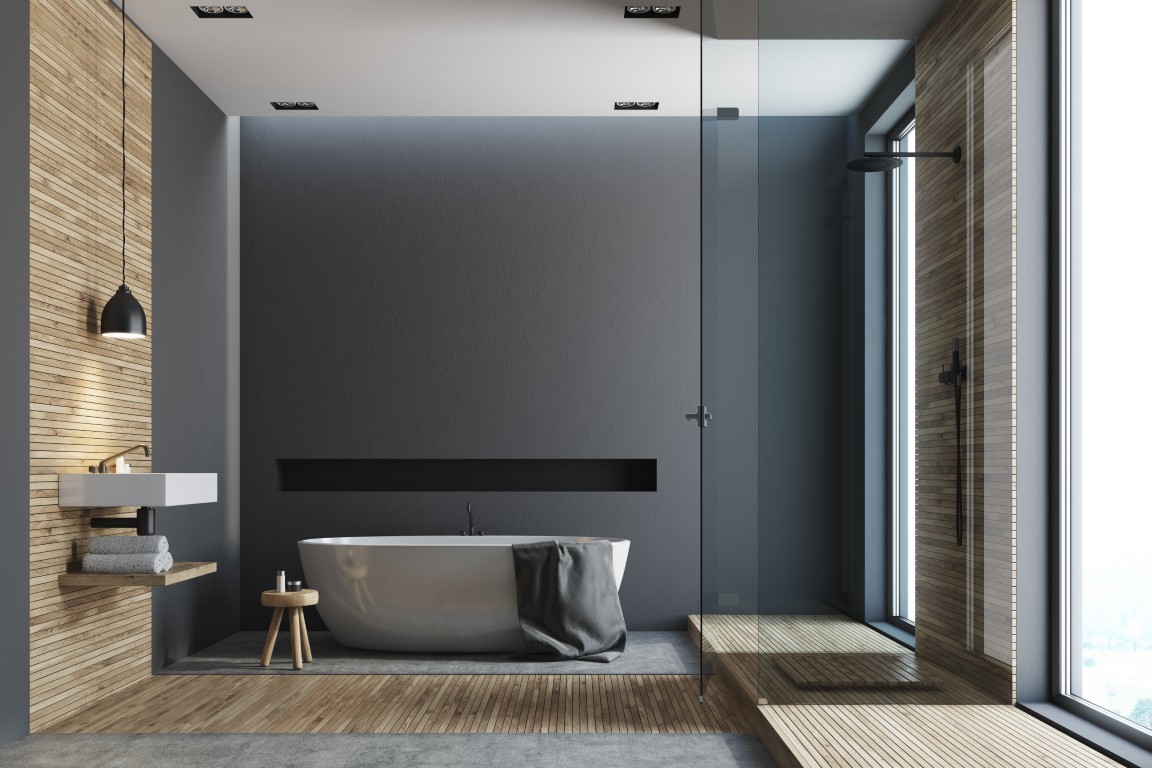 Black,And,Wooden,Bathroom,Interior,With,A,Wooden,Floor,,Tall